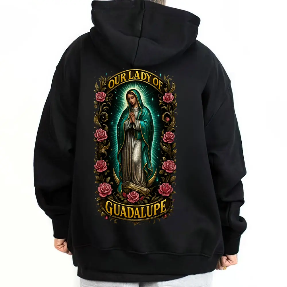 Men's Cotton Long Sleeve Hoodie - Unisex Our Lady of Guadalupe Digital Print, Comfortable Loose Oversized Pullover, Chicano Mexican Menswear Tops, Polyester-Blend Fabric for Outdoor Casual Wear