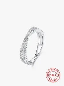 925 Sterling Silver Fashion Geometric Cross Line Artificial Zircon Inlaid Ring, Classic Wedding Statement Jewelry Gift for Women