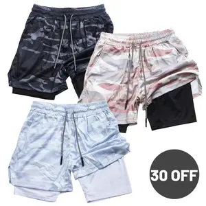 Camouflage shorts Men’s 2 in 1 Running Shorts Quick Dry Gym Athletic Workout Shorts for Men with Phone Pockets Quick Dry Squat Sports Shorts Men's Casual Pants Running Breathable Fitness Basketball Pants