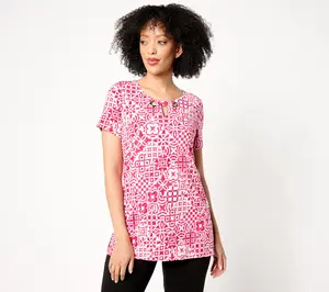 Susan Graver Regular Printed Liquid Knit Tunic with Grommet Detail