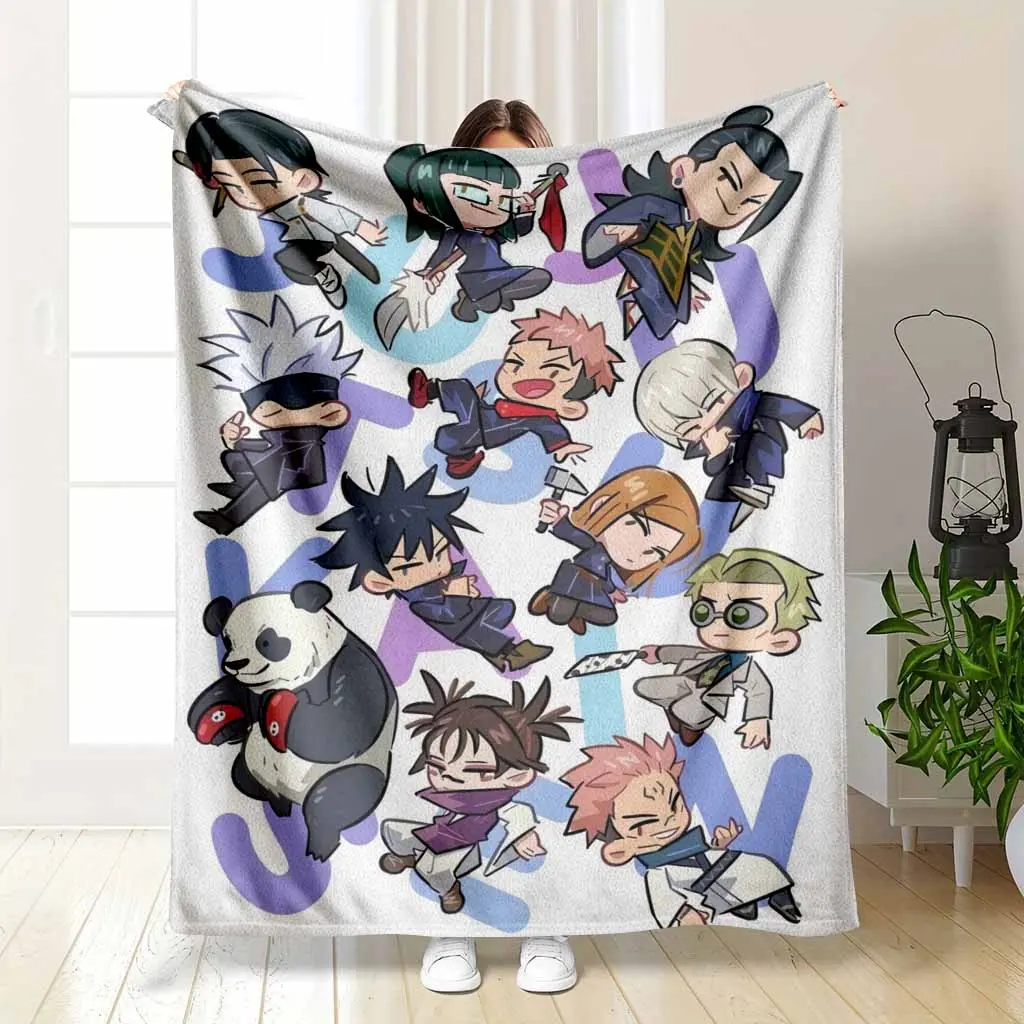 Jujutsu Kaisen Chibi Anime Flannel Blanket - Kawaii JJK Sorcerer Collage Print, Fluffy Cozy, Wrinkle Resistant, Lightweight Plush Throw, Bedroom Sofa Blanket, Room Decor for Watch Party, Otaku Fan Gift, Fluffy Cozy Blankets