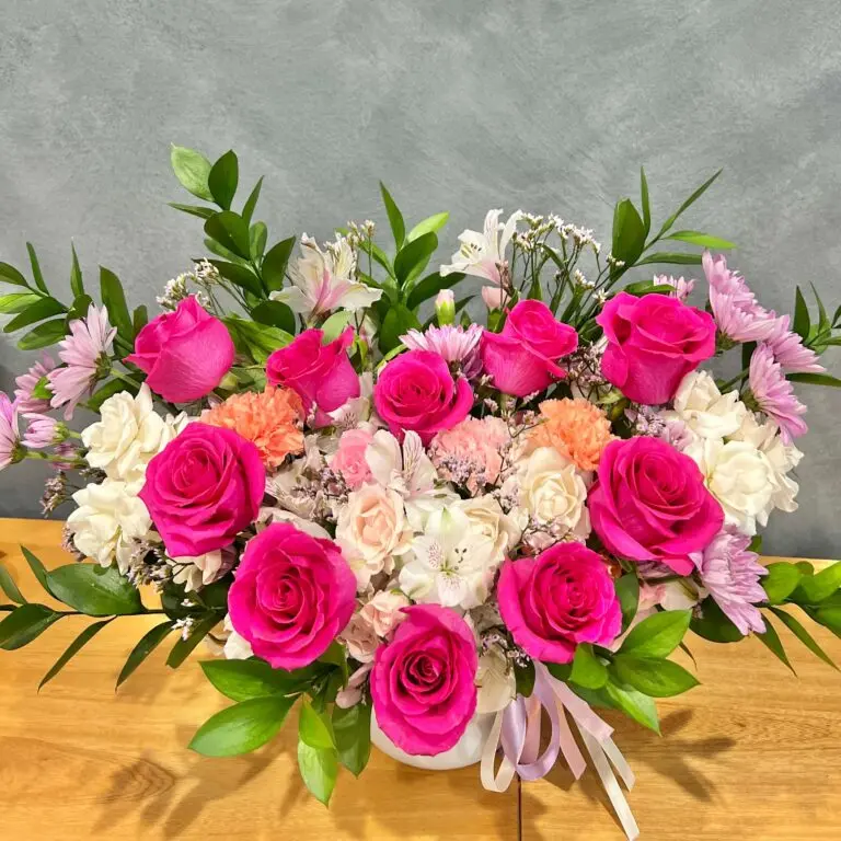 Berry Bliss: A Symphony of Color & Elegance - Beautiful Flower Bouquet with Pink Roses and Greenery Arrangement