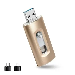4-in-1 Flash Drive High-Speed Photo Stick 256GB 64GB External Storage Memory Stick Compatible with iPhone iPad Android PC Laptop Gold USB OTG Drive with Type-C Adapter
