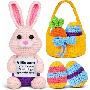 5 Pcs Finished Easter Positive Crochet Animals for Teen Girls & Adults Women, Handmade Filled Easter Basket with Crochet Bunny, Carrot, 2 Eggs, Easter Decoration Gifts Prefilled with Animal Stuffers