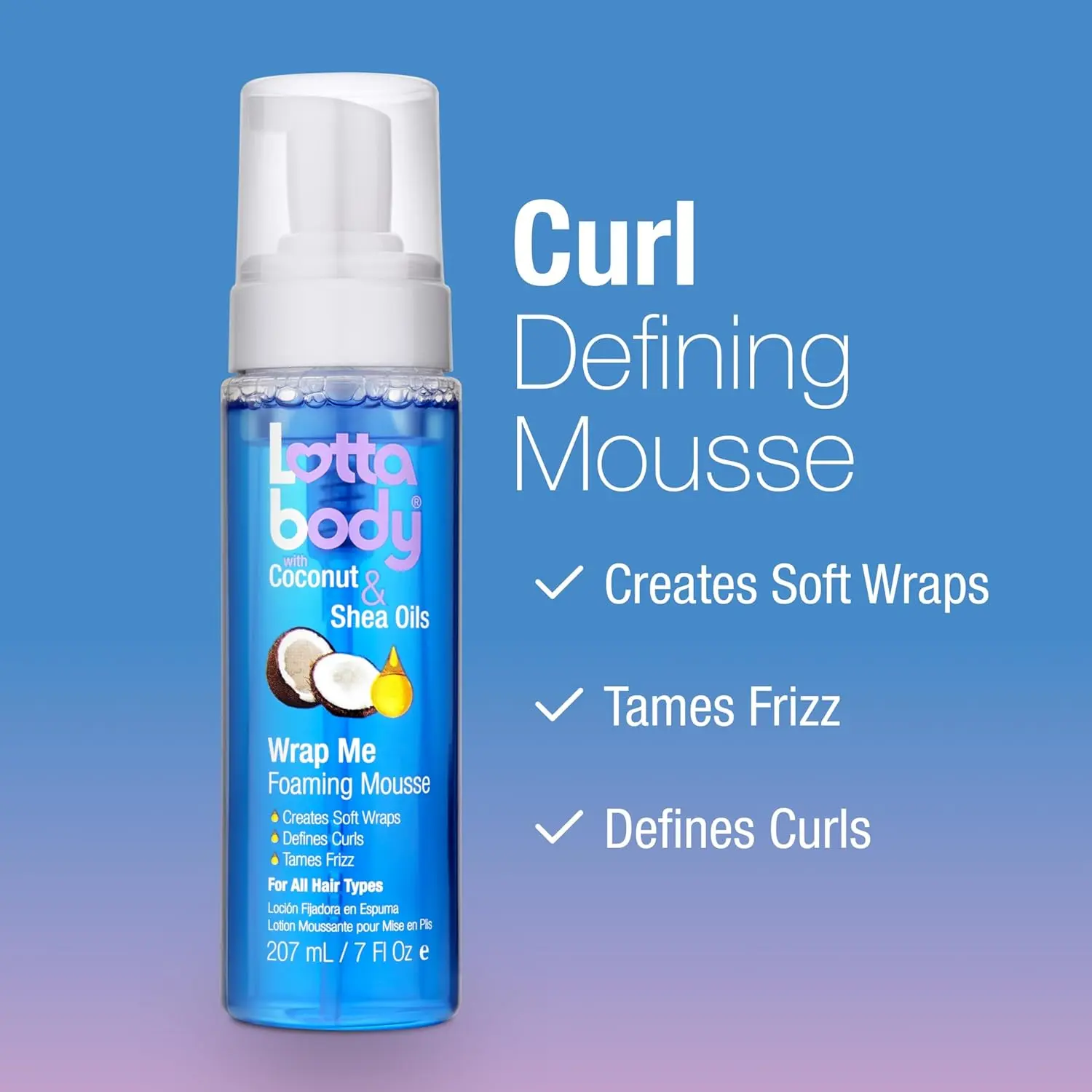 Lottabody Shea & Coconut Oils Wrap Me Foaming Mousse, 7 oz Bottle Hair Product - Curl-Defining, Frizz-Taming, Hydrating Gel Alternative for Dry Curly Voluminous Hair Products, Perfect Curls, Styling Mousse