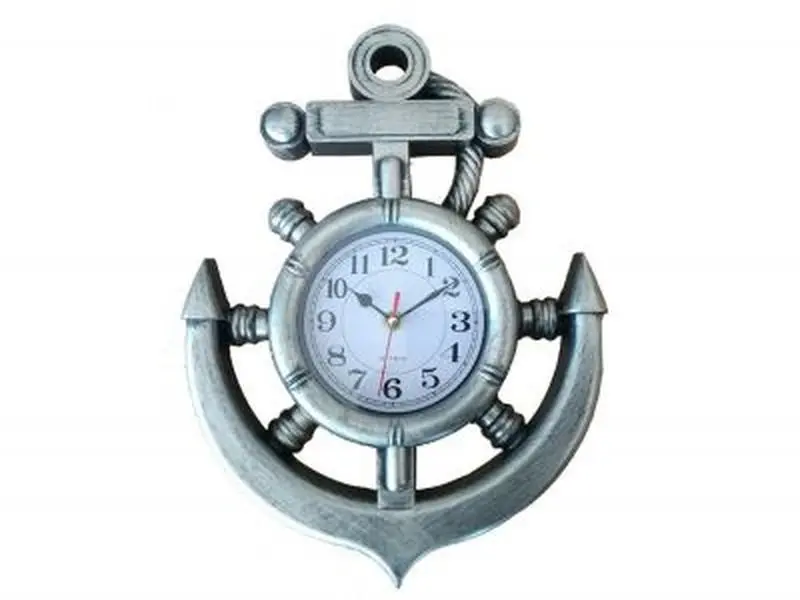 212 MAIN 15 in. Vintage Metal Nautical Wall Clock - Fully Functional Home Supplies, Handcrafted Silver Ship Wheel, Anchor-Shaped Design for Home Decor