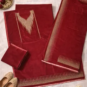 Luxury Stone Work Velvet Punjabi Style 3 Piece Unstitched Suit