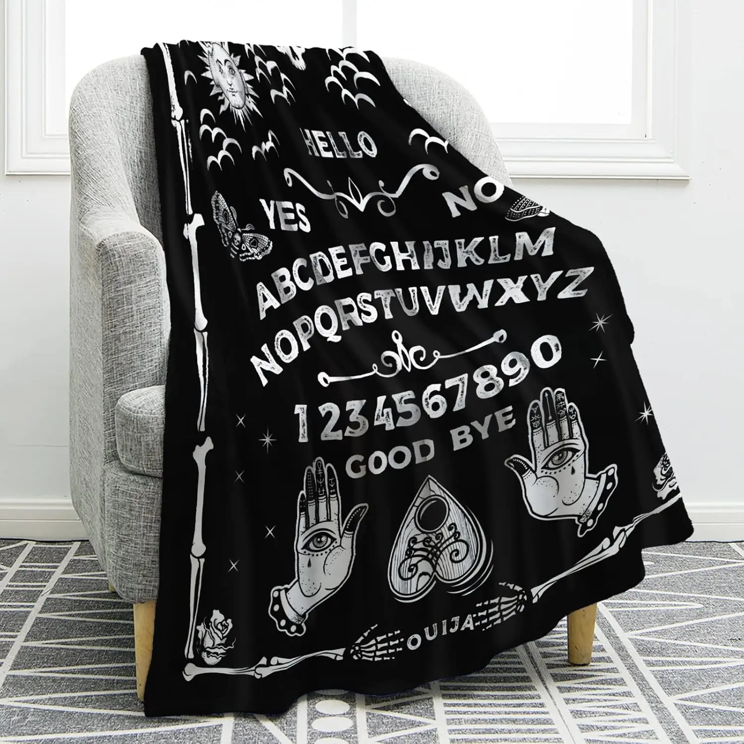 Gothic Ouija Board Throw Blanket - Witch Horror Decor, Retro Vintage, Wrinkle-Resistant, Fade-Resistant, Durable, Machine-Washable - 30x40in(76cmx101cm),50x60in(127cmx152cm) - Living Room, Home Office Decor, Halloween Sun Moon Skeleton Skull Spooky Gift