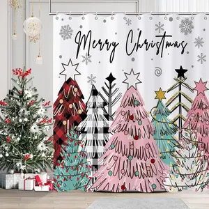 Merry Christmas Shower Curtain, Colorful Buffalo Check Plaid Xmas Tree Winter New Year Holiday Bathroom Curtain Waterproof Fabric Machine Washable with Hooks 60x72in 66x72in