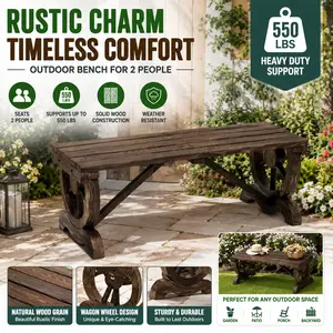 2-Person Wagon Wheel Bench Wooden Garden Seating Rustic Patio Furniture Heavy Duty 550lbs Capacity Front Porch Loveseat Farmhouse Outdoor Decor Backyard Lawn Country Style Brown Wooden Cabin Courtyard Chair