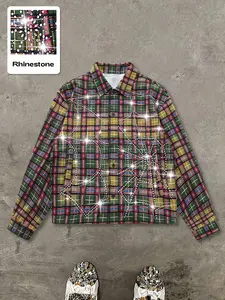 Men's Street Style Plaid Rhinestone Spider Web Design Short Sleeve Shirt, Modern Trendy Fashion, Perfect for Casual Wear, Y2K Style