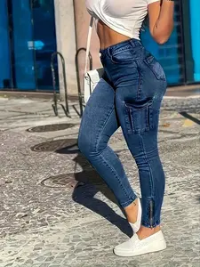 Women's Denim-effect Print High Waist Skinny Fit Pants, Casual Button Pocket Design Pants for Daily Wear, Ladies Bottoms womenswear for All Seasons