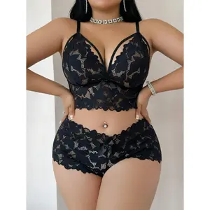 Contrast Lace Patchwork Plus Size Wire-Free Bra Panty Set Comfortable Underwear