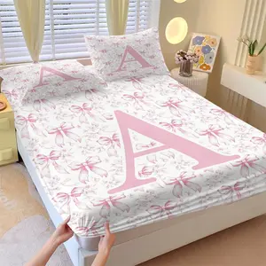 3pcs Pink Bow “A-Z” Print Fitted Sheet Set, Includes Matching Pillowcases, Skin-Friendly Microfiber Fabric, Girly Bedding, Perfect for Bedrooms and Dorm Rooms, Deep-Fitted Design, Ideal Gift Choice.
