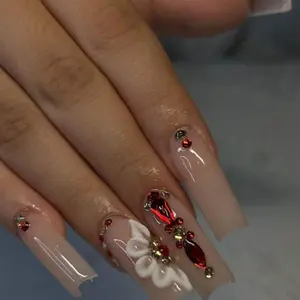 A1 Natural Nude With Red Rhinestone Press-on Nails High Quality Long-lasting Acrylic Durable Nail Art