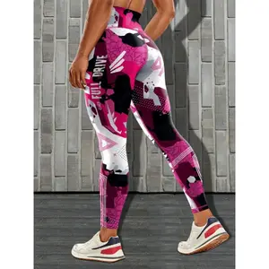 Women's Plus Size Yoga Leggings, Fashion High Waist Elastic Printed Tummy Control Workout Fitness Sports Pants