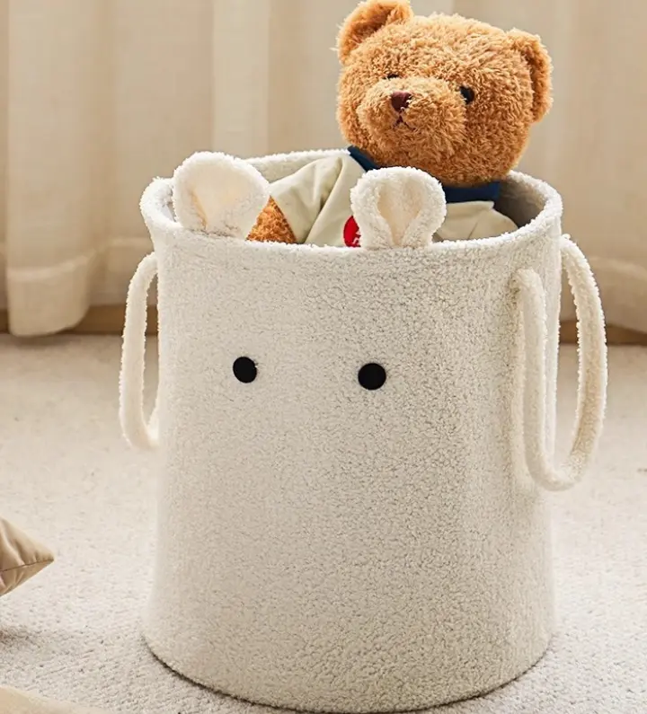 Cute Cartoon Teddy Fleece Storage Basket - Dual-Handle Lightweight Large-Capacity Organiser, Soft Plush Bin for Kids’ Nursery, Decor Gift for Bedroom Playroom Laundry Organization