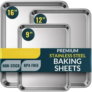 Baker's  Stainless Steel Cookie Sheet Pan, Stainless Steel Baking Sheet Set of 3, Mirror Finish, Non-Stick, Rust Resistant, , Dishwasher Safe, 9/12/16 Inch