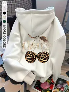 Women's Leopard Print Cherry Hoodie with Kangaroo Pocket, Drawstring Shoulder Slouchy Sleeves, Casual Loose Fit Long Sleeve Sweatshirt for Fall