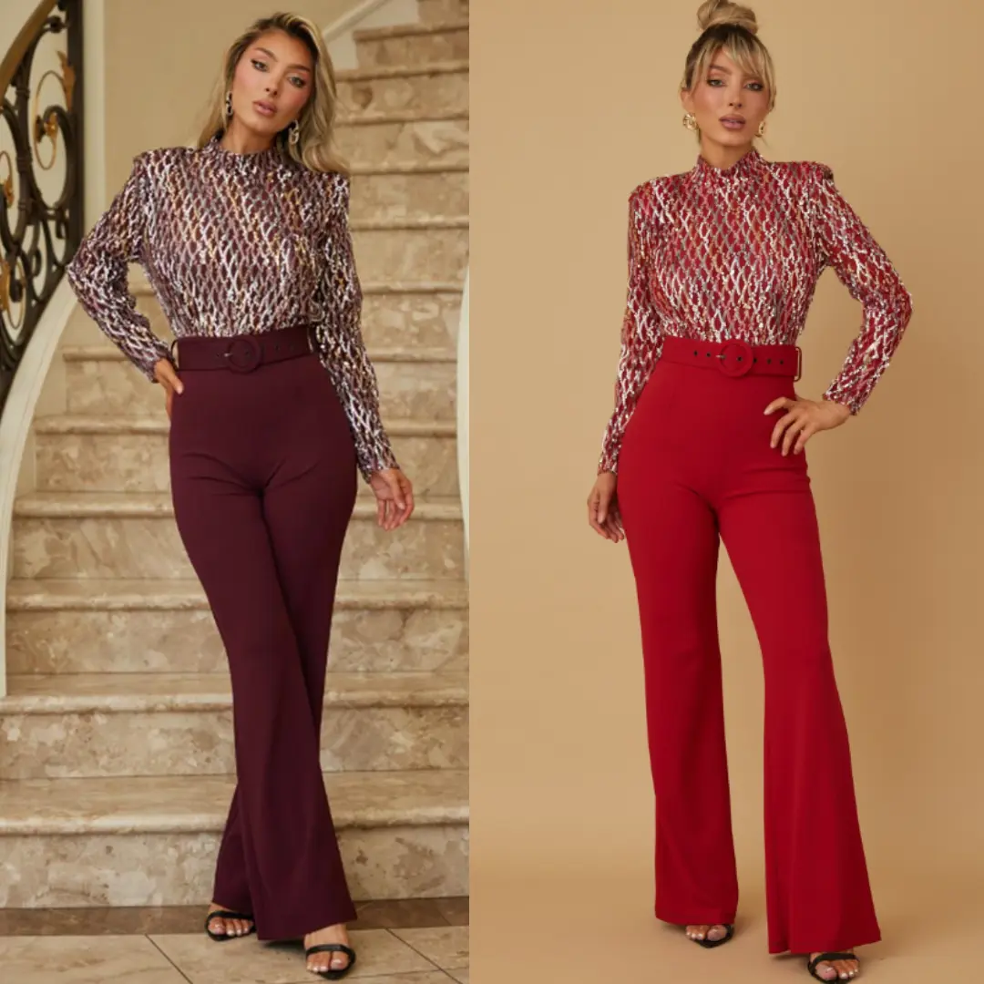 SEQUINS TOP FASHION JUMPSUIT - LONG SLEEVE, BELT DETAIL, ZIPPER IN THE BACK