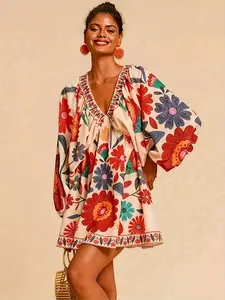 Women's Holiday Casual Pure Color Floral Lantern Sleeve Mini Dress B022, Slim-Fitting Plain Style, Perfect for Summer, Chic