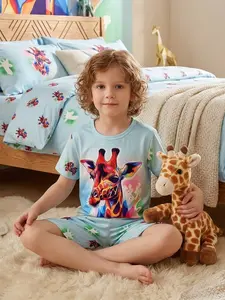 Girls' Giraffe Print Round Neck T-Shirt & Elastic Waist Shorts Set, Soft Comfortable Short Sleeve T-Shirt & Shorts Sleepwear, Summer Kids Pajamas