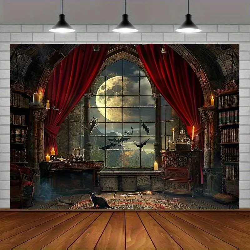 1Pc Medieval Castle Witch Halloween Tapestry - Peach Light Beige Wall Hanging Decor With Gothic Arch Window, Bats & Full Moon Design, Horizontal Indoor Wall Art For Dorm, Bedroom, Living Room, Office