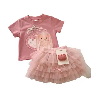 Girls' Summer 2-Piece Bunny Outfit, Pink Sweet Princess Set, Outdoors Photoshoot Short-Sleeve T-Shirt, Puffy Skirt