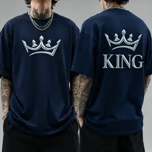 King Crown Chrome Print Front and Back T-Shirt, Metallic Silver Graphic Black Tee, Trendy Streetwear Oversized Casual Crewneck, Stylish Royal Vibes Top for Men