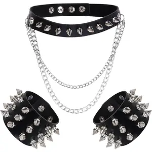 3Pcs Leather Spike Choker Studded Bracelet Cuffs Set Gothic Rivet Collar Wristbands Puck Accessories for Men Women Rock