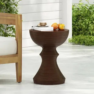 ARCH 16" Ribbed Brown Concrete Outdoor Side Table with Hourglass Design – Weather-Resistant Accent for Patio, Garden, or Balcony