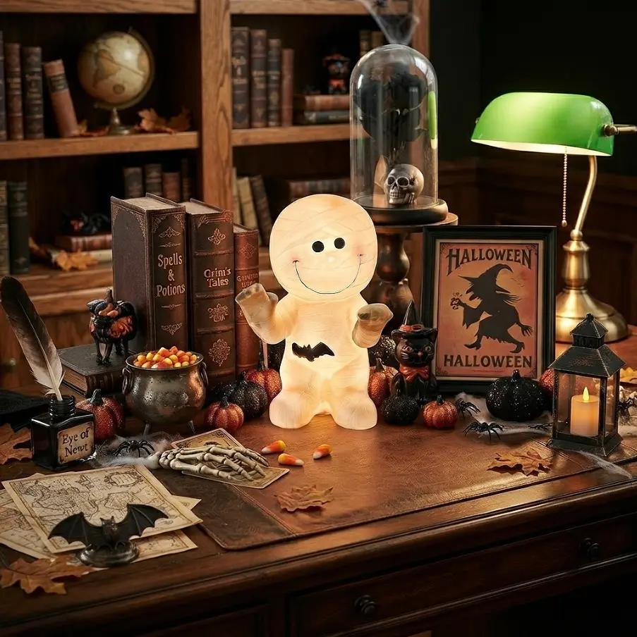 Spooky Halloween Light-Up Mummy Figurine - Cute & Creepy Glowing Mummy Night Light with Bat Accent, Decorative Tabletop Lamp for Indoor Home Party, Shelf, Mantel, Bedroom, Haunted House Decor, and Fall Holiday Gifts