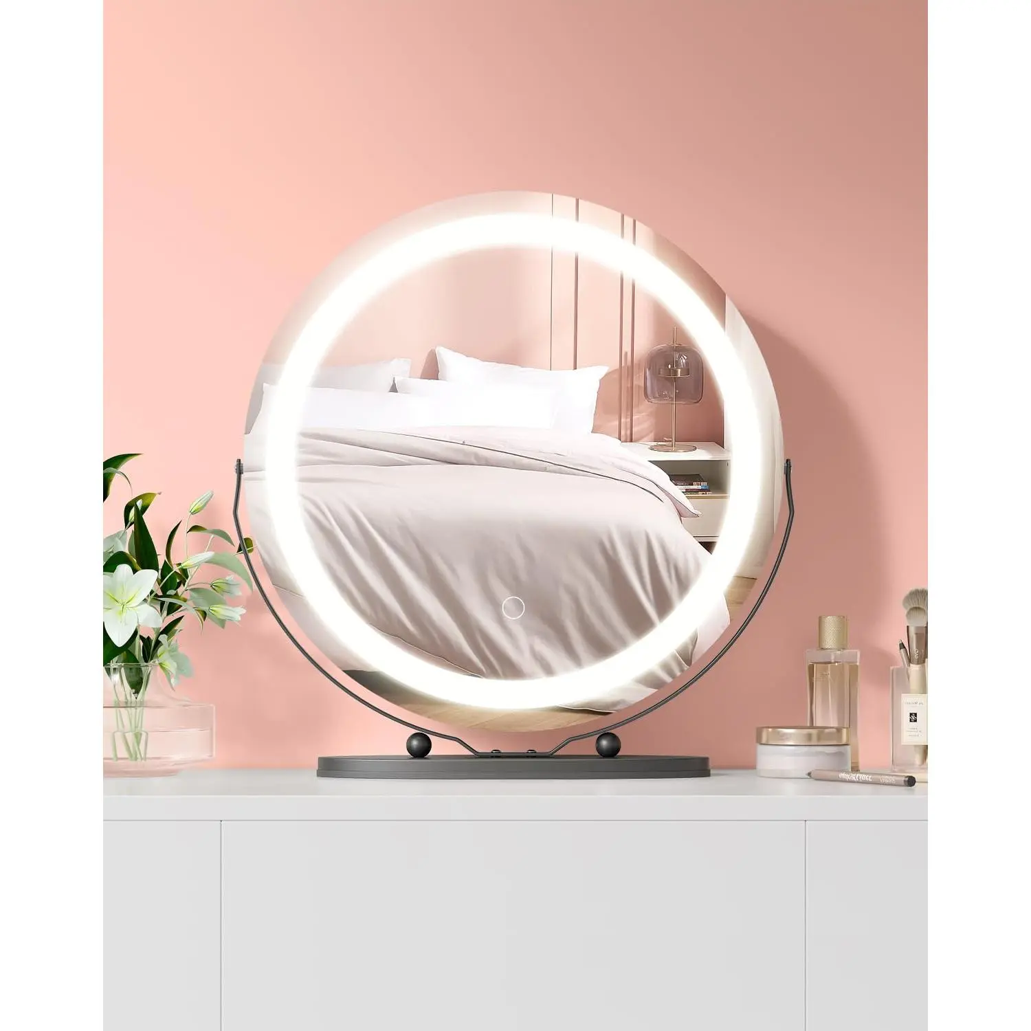 Modern Round LED Vanity Mirror with Dimmable Lights - 19in, 3-Color Touch Control, 360° Rotatable Base Tabletop Makeup Mirror, Black Aluminum Alloy Frame for Bedroom, Bathroom, Decor, Installation