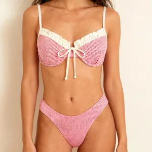 Seamoly Gingham Spliced Ruffles Trim Tied Underwire Cheeky Bikini Set triangle bikini top cute swimwear Polka Dot Halter Bikini Set polka dot print bikini set glossy halter tie bikini beach bikini set thong bikini swimsuit women