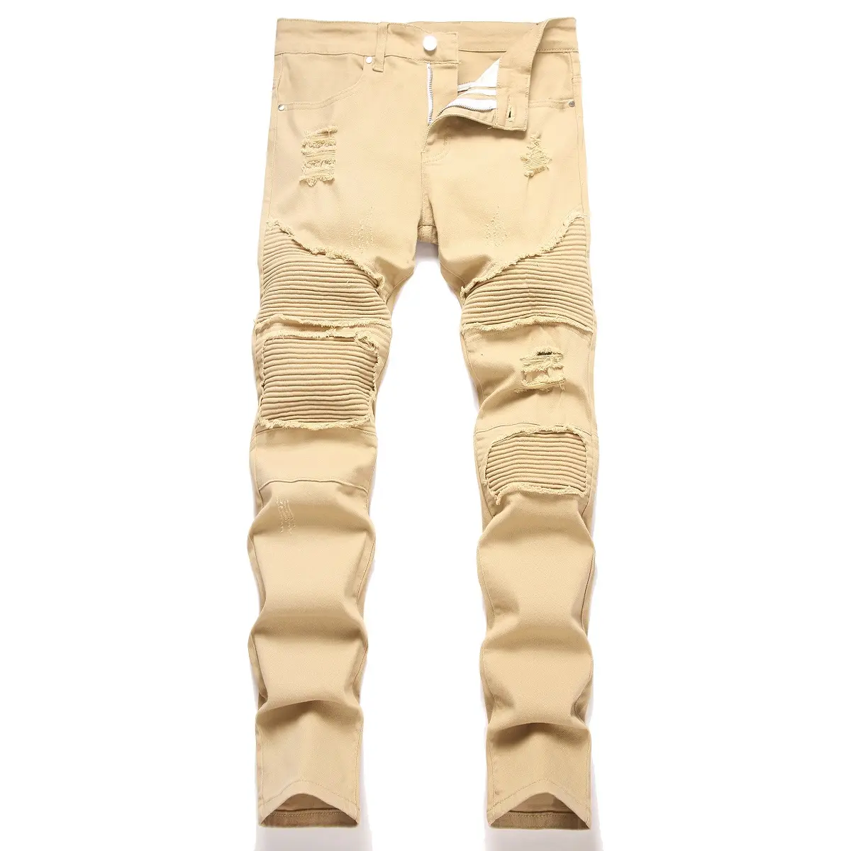 XIMXIMMTIAN Men's Slim Bootcut Jeans, Distressed Ripped Stretch Denim, Vintage Biker Style Streetwear Pants, Bootcut Men's Jeans Beige Pocket