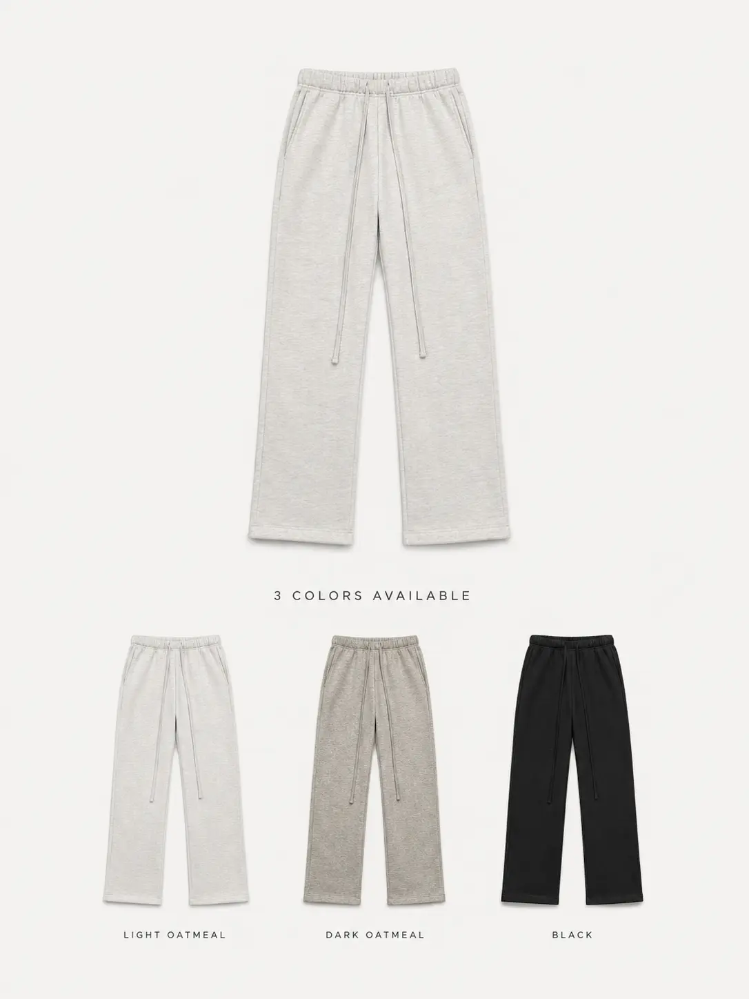 Men's Uncuffed Fleece Sweatpants, Relaxed Straight Leg Drawstring Pants with Side Pockets – Light Oatmeal / Dark Oatmeal / Black