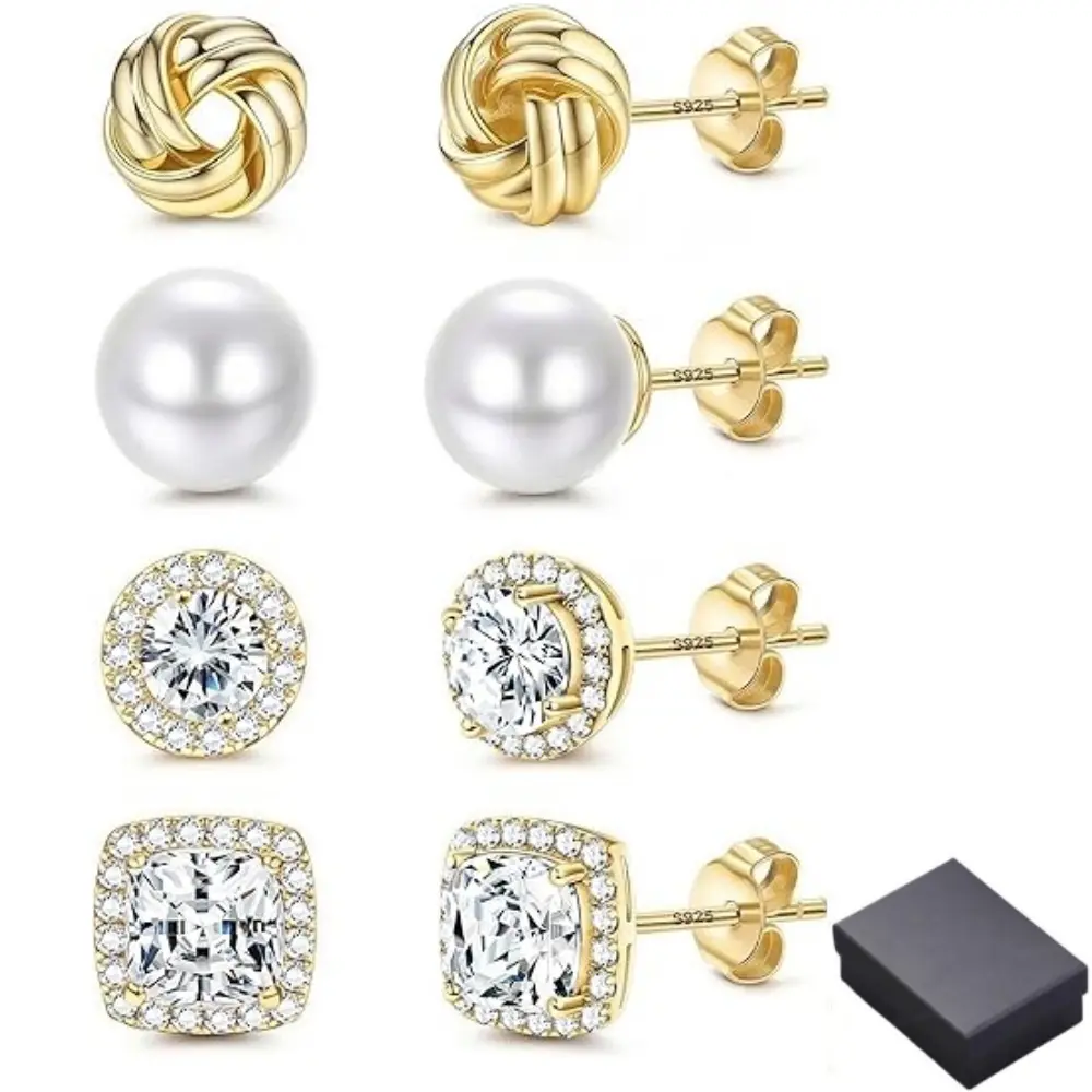 4 Pairs Sterling Silver 5A CZ Stud Earrings for Women 14K Gold Plated Brilliant Celtic Big Stud Earrings Set Cubic Zirconia Earrings Studs for Sensitive Ear