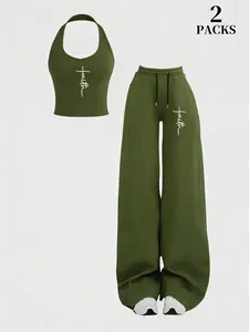 Women's Hoodie and Flared Pants Set, Casual Streetwear for Daily Wear, Comfortable Cotton Fabric, High-Waisted & Oversized Fit, with Ada Letter Embellishment