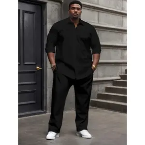 Men's Plus Size Casual Suit Set - Polyester Lapel Shirt with Slight Stretch, Solid Color Woven Bottoms, Regular Fit Elastane Clothes Pants Tops Long Sleeve Black Menswear Collar Gamis Trouser Sweat