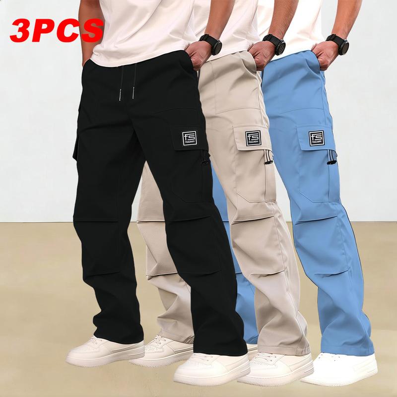 Men's multi-pocket work pants, 3-pack, suitable for all seasons and machine washable; mid-rise with drawstring closure; non-stretch polyester fabric; casual wear with pockets; versatile cargo pants