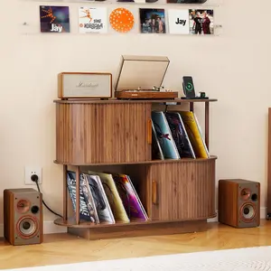 Giratree 40" Record Player Stand with Charging Station, Wood Record Storage Cabinet with Sliding Door, Walnut Finish Holds Up to 300+ Vinyl Albums for Audiophiles & Music Enthusiasts