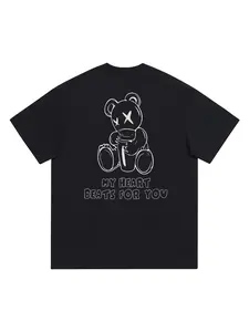 One men’s black short-sleeve T-shirt featuring a bear graphic with letter print; urban casual style with pure black as the main color—solid, stable, and versatile. Crew neck with drop shoulders; back features bear and letter prints. Soft cotton fabric dra