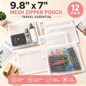 12 Pack Mesh Zipper Bags – A5 White, Travel Makeup & Pencil Case