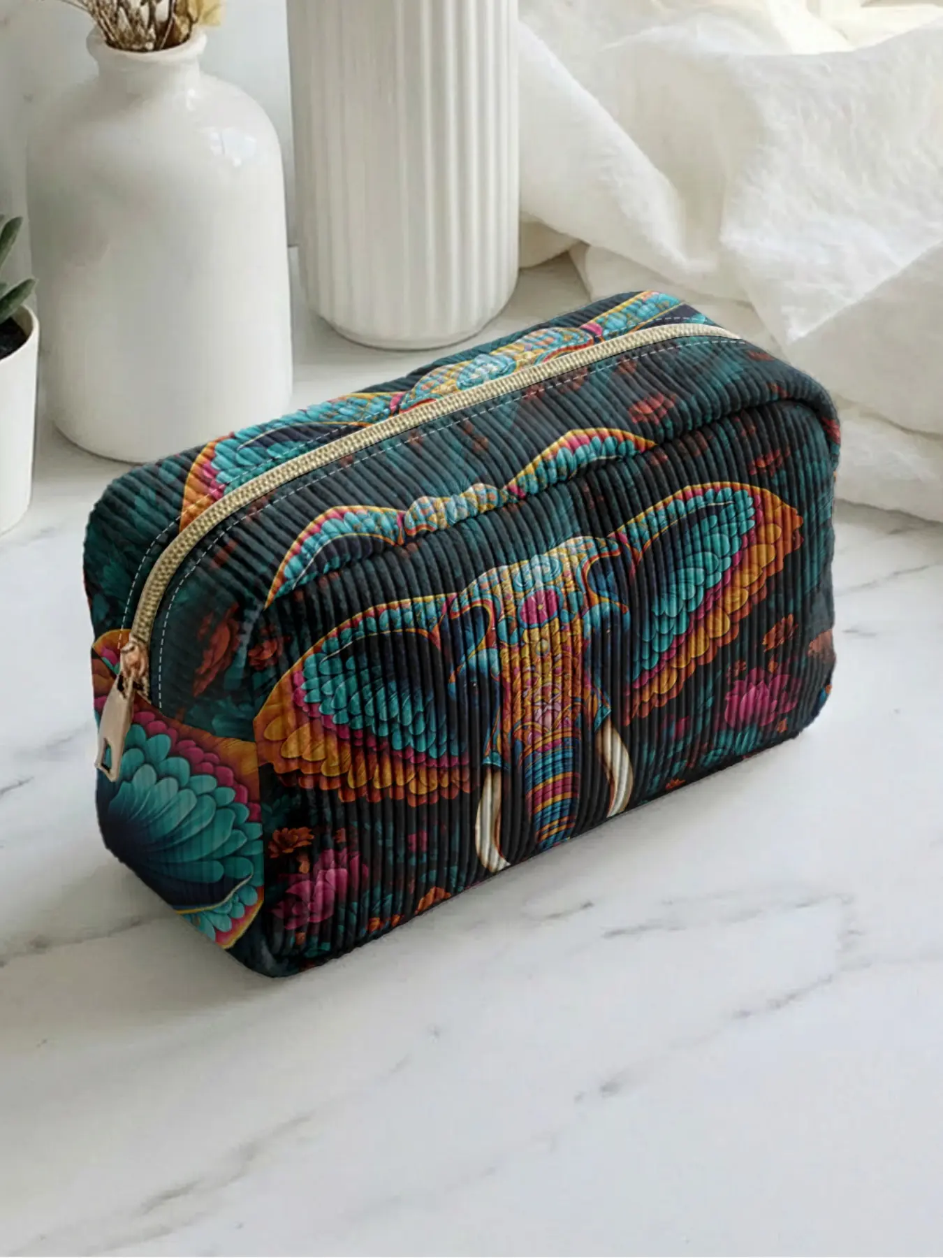 1 piece of colorful elephant pattern 2D printed makeup bag, large capacity design|suitable for all seasons/general use|can hold daily skincare products and various cosmetics|all-round for life and travel