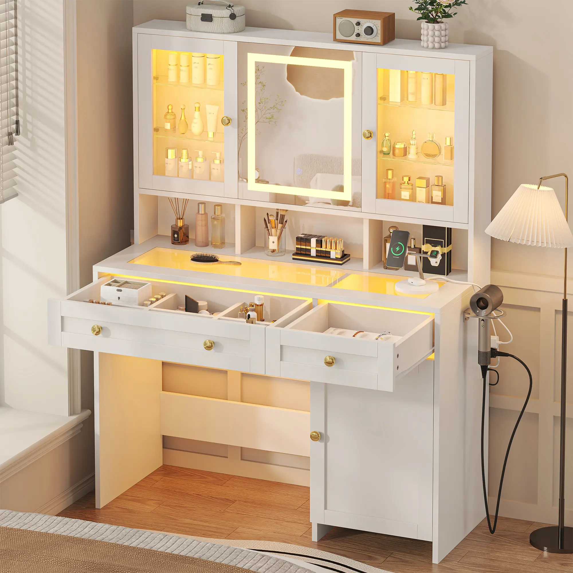 Semoic Contemporary White Glass Top Makeup Table-App-Sync RGB and 3 Light Modes Makeup Mirror, Built-in Charging Station, Drawer, Storage Cabinet, Adjustable Shelves, Hidden Shelf Tidy Indoor Bedroom Furniture Design