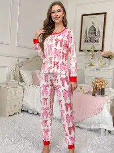 2-piece women's full body graffiti pink bow pattern printed long sleeved pants soft and comfortable round neck top elastic waistband bow decoration suitable for all seasons home casual wear pajamas Pajama Set