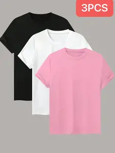 Women's Solid Color Casual Multi-Color T-Shirt Three-Pack, Comfortable Everyday Wear, Stylish and Versatile Tee Set