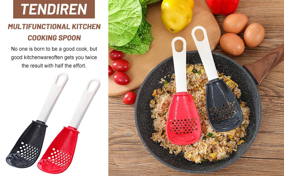 2PCS Multifunctional Kitchen Cooking Spoon, Skimmer Scoop Food Strainers for Cooking, Mashing, Draining, Grating, Non-stick Small Spatula Spoon Kitchen Tools (Black and Red)