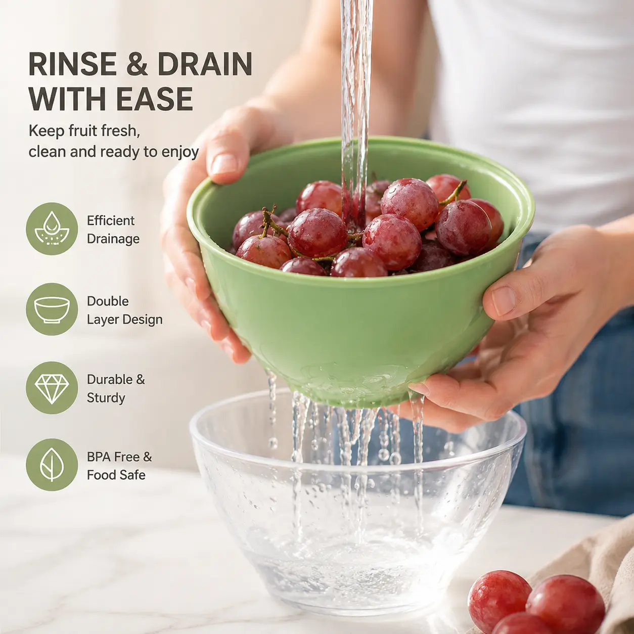 1 Count, Double Layer Fruit Washing Colander Bowl, Stackable Small Size Drain Strainer for Draining and Storing Fresh Fruits for Kitchen Daily Use