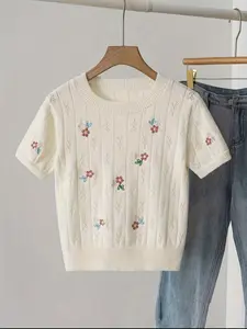 New Spring Autumn Ditsy Floral Knit Pullover Cropped Short Top, Elegant Women's Short Sleeve Sweater, Stylish Casual Wear for Ladies